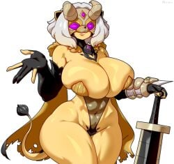 armwear big_ass big_breasts cape cat_ears curvy_figure h_k_poison horns lion_tail mask original_character pale_skin purple_eyes swimsuit sword tail white_hair yellow_skin