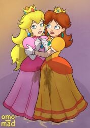 2girls dress female_only mario_(series) multiple_girls omo_mad pee_stain peeing peeing_self peeing_together princess_daisy princess_peach scared stain wet_spot wetting wetting_self