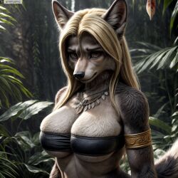 ai_generated animal_ears anthro artist_name bandeau blonde_hair body_fur breasts brown_eyes cleavage female female_anthro forest furry furry_female hi_res high_resolution highres jewelry large_breasts long_hair looking_at_viewer nature necklace photorealistic realistic smile solo stable_diffusion tail twitter twitter_username watermark yiffyjiffy2 yiffyjiffy69