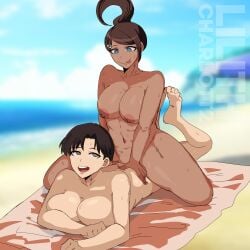 2girls asahina_aoi beach big_breasts blue_eyes breasts brown_eyes brown_hair danganronpa danganronpa:_trigger_happy_havoc dark-skinned_female exhibitionism exhibitionist female female_only imminent_lesbian_sex imminent_sex implied_lesbian lesbian licking_lips licking_own_lips light-skinned_female lilithcharlott2 on_back on_towel original_character yuri