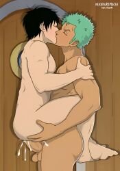 2boys ass black_hair blush carrying carrying_position closed_eyes crossed_legs cum cum_drip cum_in_ass cum_inside cumming gay gay_sex green_hair holding_legs kissing kissing_while_cumming kissing_while_penetrated male male_only muscles muscular muscular_male naked nekokuromochi oc one_piece original_character penis roronoa_zoro sex stand_and_carry_position standing yaoi