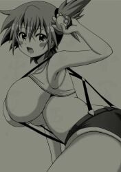 1girls alternate_breast_size blush breasts female female_only human kasumi_(pokemon) koutarosu monochrome open_mouth pokemon solo suspender_shorts suspenders tomboy waifu