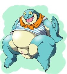 animal_genitalia belly blush bottomless cloaca clothed clothing crocodile crocodilian makara male male_only mega0923xxx overweight overweight_male reptile scalie slightly_chubby spread_legs spreading tokyo_afterschool_summoners