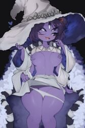 5_eyes 6_arms big_ass big_breasts breasts_out cosplay crossover female_only hands_covering_breasts heart muffet purple_skin ranni_the_witch skirt_lift spider undertale undertale_(series) witch_costume witch_hat yoru_vida