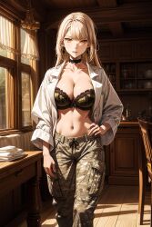 1female ai_generated belly_button black_bra blonde_hair camouflage_pants camouflage_shirt highres light-skinned_female lorraine_vivie mature_female medium_breasts military_uniform navel navel_piercing nozomanu_fushi_no_boukensha platinum6969 standing