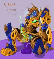 1boy anal anal_sex balls beast_wars big_dildo catboy cheetah cheetor cumming cybertronian dildo femboy green_eyes honooafterdark kneeling male penis robot sitting solo_male text transformers unusual_penis