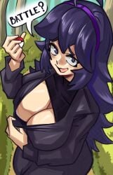 1girls @_@ alluring bedroom_eyes big_breasts black_hair blush breasts busty cleavage clothed clothes_pull clothing dialogue dress dress_pull english_text female game_freak hair_accessory hair_ornament hairband hex_maniac holding_object holding_pokeball huge_breasts large_breasts long_hair looking_at_viewer moxydrawsmore nintendo open-mouth_smile open_mouth open_smile pokeball pokemon pokemon_xy presenting presenting_breasts presenting_cleavage pulled_by_self purple_eyes purple_hair_ornament purple_hairband seductive seductive_look seductive_smile showing showing_breasts showing_cleavage smile smiling_at_viewer solo solo_female speech_bubble standing talking talking_to_viewer text