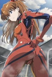 ai_generated asuka_langley_sohryu big_ass big_butt blue_eyes bodysuit curvaceous curvy_female fat_ass female golden_shower huge_breasts in_search_of_holy_water large_breasts light-skinned_female light_skin looking_back neon_genesis_evangelion orange_hair peeing peeing_self pussy_visible_through_clothes solo_female thick_thighs thighs twintails urinating urinating_female urination urine wetting_self