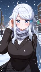 ai_generated blue_eyes blush city from_side gumi_arts hair_ornament hair_scrunchie hand_on_hair heavy_breathing imouto_sae_ireba_ii kani_nayuta large_breasts long_hair looking_at_viewer night outdoors pov scarf scrunchie smile snow snowing stable_diffusion sweater thick_thighs white_hair