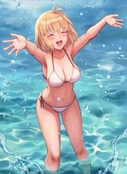 :d alternate_costume arcueid_brunestud big_breasts big_breasts bikini blonde_hair blush carnival_phantasm closed_eyes curvy enjoying having_fun huge_boobs huge_breasts large_boobs large_breasts ocean open_mouth short_hair smile splashing splashing_water sushisnake thick_thighs tsukihime water white_bikini wide_hips