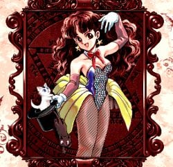 1female 1girls bare_armpits bare_arms bare_shoulders black_cat blue_eyes blue_leotard bow bow_tie bowtie brown_eyes brown_hair cats cleavage curly_hair earrings feline female female_only fishnet fishnet_legwear fishnet_stocking fishnet_stockings fishnets gloves gold_earrings gold_jewelry golden_earrings leotard light-skinned_female light_skin long_hair olive_(princess_maker) only_female picture picture_frame pixel_(artwork) pixel_art princess princess_maker_(series) purple_eyes red_bow red_bow_tie red_bowtie seashell_leotard skirt sleeved_gloves star_earring star_earrings top_hat tophat white_cat yellow_skirt