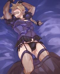 1boy arms_up black_panties blonde_hair blue_corset blue_eyes blush bow braid breasts bulge clothes_pull cloud_strife cloud_strife_(blue_dress) corset crossdressing final_fantasy final_fantasy_vii final_fantasy_vii_remake fishnet_armwear fishnet_sleeves fishnet_thighhighs fishnets frills gag garter_belt garter_straps hairbow improvised_gag long_hair male_focus official_alternate_costume on_blanket panties puffy_sleeves ryouto side-tie_panties skirt skirt_pull spiked_hair tape tape_gag thighhighs twin_braids underwear