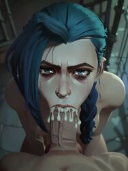 1girls 2boys ai_generated all_fours angry_face arcane arcane_jinx blowjob completely_nude completely_nude_female crying cum cum_in_mouth cum_on_body cum_on_face failheroai fellatio jinx_(league_of_legends) league_of_legends naked_female riot_games tied_up twintails