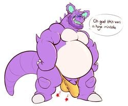 1boy 2018 beard belly big_ears blue_tongue bulge chisuun chubby clothed clothing facial_hair feet large_penis male male_only musclechub muscular muscular_male nidochi nidoking nintendo open_mouth original_character overweight overweight_male partially_clothed pokemon pokemon_(species) pokemon_rgby purple_hair purple_skin scalie simple_background smile solo speedo standing swimsuit tail testicles text thick_thighs tight_clothing topless video_games white_background wide_hips