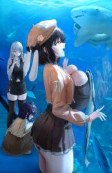 3girls aquarium big_breasts boo_iro breasts cleavage cute dark_hair gigantic_breasts happy heavy_breasts huge_breasts iro_(boo_iro) skirt white_hair