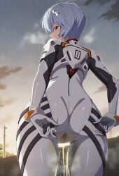 ai_anatomy ai_generated ass ass_focus big_ass big_butt blue_hair bodysuit curvaceous curvy_female fat_ass female golden_shower in_search_of_holy_water light-skinned_female light_skin looking_back neon_genesis_evangelion peeing peeing_self red_eyes rei_ayanami short_hair solo_female urinating urinating_female urination urine wetting_self