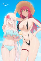 2girls :o absurd_res absurdres aqua_bikini aqua_bikini_bottom aqua_bikini_top aqua_hair_ribbon aqua_ribbon aqua_swimsuit aqua_swimwear areola_bulge areola_slip areolae areolae_slip armpits bare_armpits bare_arms bare_back bare_belly bare_breasts bare_chest bare_hands bare_hips bare_legs bare_midriff bare_navel bare_shoulders bare_skin bare_thighs bare_torso belly belly_button bikini bikini_bottom bikini_top black_bikini black_choker black_one-piece_swimsuit black_swimsuit black_swimwear blanche_neige_(svet_yomi) blue_sky breasts breedable choker cleavage cleft_of_venus clouds collarbone curvy curvy_ass curvy_body curvy_female curvy_figure curvy_hips curvy_thighs day daylight daytime dot_nose elbows female female_focus female_only fingers flower flower_hair_ornament groin hair_between_eyes hair_ornament hair_ribbon half_naked hand_on_head hand_on_hip hand_on_own_head hand_on_own_hip hand_on_own_waist hand_on_waist hat high_resolution highres hourglass_figure ice_cream ice_cream_cone knees large_breasts legs light-skinned_female light_skin lips long_hair looking_at_viewer multiple_females multiple_girls naked naked_female navel nipple_bulge nude nude_female one-piece_swimsuit original outdoor outdoors outside parted_lips pink_eyebrows pink_eyes pink_eyes_female pink_hair pink_hair_female pussy ribbon shoulders sideboob simple_background sky slender_body slender_waist slim_girl slim_waist smile smiling smiling_at_viewer sorath_(svet_yomi) standing straw_hat svet_yomi swimsuit swimwear thick_thighs thighband thighs thin_waist underboob upper_body v-line white_hair white_hair_female wide_hips yellow_eyes yellow_eyes_female