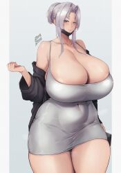 1girls blue_eyes breasts dress female hi_res huge_breasts last_origin light-skinned_female light_skin long_hair milf mnemosyne_(last_origin) naughty_face voluptuous white_hair zer0artzer0