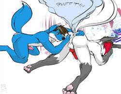 absorption_vore anus ass balls blue_fur brown_hair canine fart fox fur furry hair knot male mammal munekitsune nude penis red_hair soul_vore vore white_fur wolf yaoi