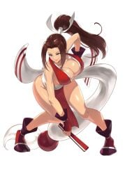 asian asian_female bare_legs bare_shoulders bending_over brown_eyes brown_hair fatal_fury female fighting_stance folding_fan full_body hand_fan ippo japanese_clothes king_of_fighters large_breasts long_hair mai_shiranui no_bra parted_bangs pelvic_curtain shiny_skin smile snk solo_female tabi thick_thighs