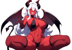 ai_generated big_breasts cameltoe demon demon_girl demon_horns demon_tail demon_wings female grin long_hair monster_girl mullon nephel novelai original_character red_body red_skin sharp_teeth solo succubus thick_thighs white_hair