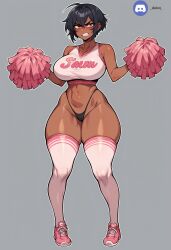 ai_generated angry_expression angry_face big_breasts black_hair cheerleader cheerleader_outfit cheerleader_uniform daiva_(char) dark-skinned_female dark_skin female female_focus female_only fit_female hourglass_figure large_breasts large_thighs medium_hair navel pom_poms self_upload solo solo_focus stockings string_panties thick thick_thighs thong tomboy wide_hips