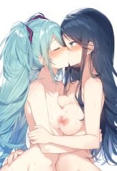 2girls ai_generated areola areolae belly belly_button blue_eyes blue_hair blush blush breast_press breasts breasts breasts breasts_out breasts_squeezed_together closed_eyes completely_naked completely_naked_female completely_nude completely_nude_female dark_blue_hair dark_hair female_focus female_only hatsune_miku high_resolution highres hoshino_ichika_(project_sekai) kissing kissing medium_breasts naked navel nipples project_sekai tits_out tummy uncensored vocaloid white_background yuri