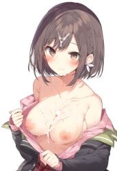 1girls ai_generated ai_hands areola areolae big_breasts blush blush breasts breasts breasts breasts_apart breasts_out brown_eyes brown_hair bukkake clothed clothing cum cum_drip cum_on_body cum_on_breasts cum_on_face cum_on_hair cumshot female female_focus female_only functionally_nude functionally_nude_female high_resolution highres looking_at_viewer naked nipples partially_clothed partially_clothed_female partially_nude partially_undressed pov project_sekai shinonome_ena solo solo_female solo_focus tits_out undressing waist_up white_background