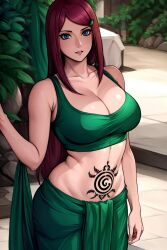 1girls ai_generated belly_button big_breasts cleavage collarbone curvy_figure ghost141000 hairclip harem_outfit large_breasts leaves light-skinned_female light_skin long_hair looking_at_viewer mature_female midriff naruto naruto_(series) naruto_shippuden navel red_hair saree sari tank_top tattoo_on_belly tetragram_seal uzumaki_kushina