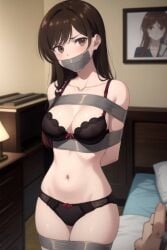 1girls ai_generated arms_behind_back arms_tied_behind_back bed bedroom black_bra black_panties blush bondage bound bound_arms bound_legs bra breasts brown_hair cleavage duct_tape duct_tape_gag female femsub gag gagged kanojo_okarishimasu looking_at_viewer mizuhara_chizuru panties photoshoot restrained solo standing tape tape_bondage tape_gag taped_arms taped_legs taped_mouth thong tied_up