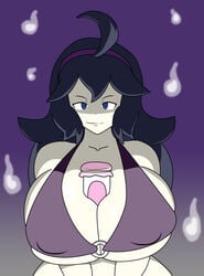 1girls ahoge between_breasts bikini blue_eyes bra cleavage female_only hex_maniac huge_breasts human igphhangout long_hair looking_at_viewer milk_can nintendo pokemon pokemon_xy purple_hair smile spiral_eyes swimsuit underboob wide_hips