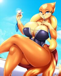 1girls anthro big_breasts big_thighs blue_sky cloud female female_only floatzel mleonheart no_sleep pokémon_(species) pokemon solo tagme