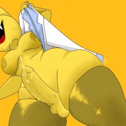 1futa balls big big_breasts big_penis boobs breasts coat coat_open doctor drretro_(regretevator) erection futa_only futanari humanoid low-angle_view nude penis regretevator showing_breasts skindentation solo standing thick_thighs thighhighs tits wide_hips yellow_background yellow_body