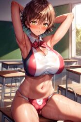 1female 1girls ai_generated armpits bangs big_breasts breasts brown_hair brown_hair_female classroom commentary_request desk english_commentary female female_only hi_res highres honda_mio idolmaster idolmaster_cinderella_girls indoors light-skinned_female light_skin looking_at_viewer short_hair short_hair_female sitting sitting_on_desk solo solo_female solo_focus thighs very_high_resolution wet wet_body