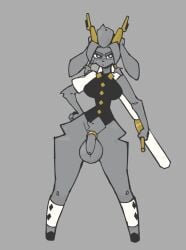 1futa anthro antlers ballsack big_balls big_penis bottomless cock cock_ring colored covered_breasts curvy echossmetches flaccid flaccid_penis floppy_ears foreskin futa_only futanari grey_body grey_eyes grey_fur hand_on_hip holding_weapon hooves hourglass_figure large_balls large_breasts looking_at_viewer partially_clothed partially_nude penis plain_background pseudoregalia skinny_waist solo solo_futa sybil_(pseudoregalia) twintails uncensored uncircumcised wide_hips