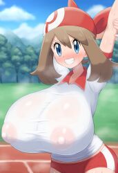 ai_generated big_breasts blue_eyes blush breasts brown_hair eroeroai female female_focus female_only may_(pokemon) nintendo nipples pokemon see-through_clothing solo white_shirt