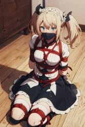 ai_generated blush bondage gag gagged harness maid maid_outfit maou_gakuin_no_futekigousha mask_gag on_knees red_rope rope rope_bondage rope_harness sasha_necron tied_up