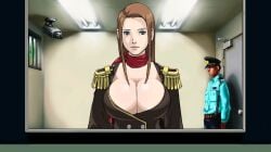 1girls big_breasts blue_eyes brown_hair detention edit female female female_focus gyakuten_saiban huge_breasts lana_skye light-skinned_female light_skin mouthgg prison prisoner staring staring_at_viewer