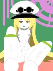 1girls americo_santisteban blonde_hair boots breasts brown_eyes colored_nipples colored_skin female female_only funamusea goggles goggles_on_hat green_pupils hat looking_up merol_(funamusea) nipples open_mouth pussy robot robot_girl robot_joints sitting small_breasts solo solo_female vagina white_footwear white_hat white_skin