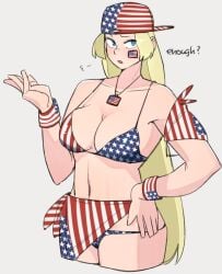 1girls america_(ohasi) american_flag american_flag_bikini american_flag_print backwards_hat bikini blonde_hair blue_eyes breasts cleavage collarbone english_text female female_only flag_print hat large_breasts long_hair looking_at_viewer navel ohasi open_mouth original print_bikini print_swimsuit sarong simple_background solo swimsuit white_background