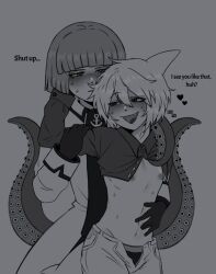 2boys black_jacket blush bob_cut buttons dialogue english_text femboy feminine_male flat_chest fukami_(wadanohara) funamusea gay gloves heart heart nipples octopus_boy open_jacket sailor_uniform sal_(wadanohara) shark_boy shark_fin short_hair sweat sxlfimxg tentacle text wadanohara_and_the_great_blue_sea yaoi