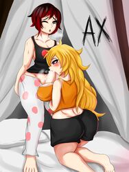 1futa 1girls arguraz blonde_hair blushing fellatio female futa_on_female futanari half-sisters half_siblings human incest intersex manual one_eye_closed oral purple_eyes red_hair ruby_rose rwby siblings silver_eyes sisters yang_xiao_long