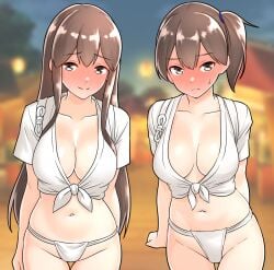 2girls absurd_res absurdres akagi_(kantai_collection) areola_bulge bare_arms bare_belly bare_chest bare_hands bare_hips bare_midriff bare_navel bare_shoulders bare_skin bare_thighs belly belly_button blurred_background blurry_background blush blush_lines blushing blushing_at_viewer blushing_female breasts brown_eyebrows brown_eyes brown_eyes_female brown_hair brown_hair_female busty cleavage collarbone curvy curvy_body curvy_female curvy_figure curvy_hips curvy_thighs dot_nose embarrassed embarrassed_female eyebrows_visible_through_hair female female_focus female_only furaggu_(frag_0416) groin half_naked high_resolution highres hourglass_figure kaga_(kantai_collection) kantai_collection large_breasts legs light-skinned_female light_skin long_hair looking_at_viewer medium_breasts multiple_females multiple_girls navel nipple_bulge open_mouth panties parted_bangs ponytail pussy short_hair shoulders side_ponytail sitting slender_body slender_waist slim_girl slim_waist smile smiling smiling_at_viewer thick_thighs thighs thin_waist tongue topwear uncensored uncensored_breasts uncensored_nipples uncensored_pussy uncensored_vagina underwear upper_body v-line white_panties white_topwear white_underwear wide_hips