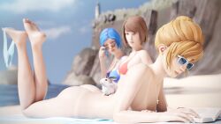 3d barefoot beach blender casual_nudity chloe_price exhibitionism feet feet_up female full_color kate_marsh koomer life_is_strange lying_on_stomach max_caulfield no_penetration nude_female nude_female_clothed_female public_exposure public_nudity soles sunbathing sunglasses tagme tanlines the_pose toes