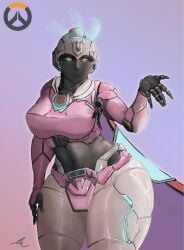 1girls 2024 2d 2d_(artwork) 2d_artwork arcee_(cosplay) arcee_illari autobot autobot_insignia blue_eyes breasts dark-skinned_female female female_autobots female_only illari_(overwatch) overwatch overwatch_2 pink_armor robot robot_girl solo spikyart thick_thighs transformers transformers_g1