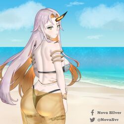 1girls alternate_costume beach big_ass bikini black_bikini black_swimsuit fire_emblem fire_emblem_heroes gullveig_(fire_emblem) gullveig_(summer)_(fire_emblem) horn large_ass large_breasts nintendo novasvr official_alternate_costume outdoors pale-skinned_female swimsuit white_hair yellow_eyes yellow_hair