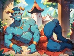 ai_generated bara bara_tiddies bara_tits blue_fur blue_skin bulge bulge_through_clothing cum_spill drinking_cum earrings furry furry_legs hooved_toes hooves horns horns_and_hooves incubus kilt legs_apart male_only necklace pecs satyr spaceemperor32089 wrist_cuffs yaoi