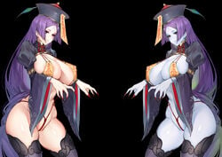 absurdres areola_slip areolae black_background blue_skin bondage breasts closed_mouth colored_skin covered_nipples fate/grand_order fate_(series) female fingernails grey_headwear grey_legwear hat highres jiangshi large_breasts long_fingernails long_hair long_sleeves minamoto_no_raikou_(fate/grand_order) pork_belly_(artist) puffy_sleeves purple_eyes purple_hair red_nails red_pupils red_rope rope sharp_fingernails simple_background talisman talisman_pasties very_long_fingernails very_long_hair wide_sleeves