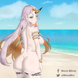 1girl 1girls ass beach big_ass breasts clouds fire_emblem fire_emblem_heroes gold_hair gullveig_(fire_emblem) gullveig_(summer)_(fire_emblem) horn large_ass large_breasts long_hair looking_at_viewer looking_back looking_back_at_viewer nintendo nipple novasvr outdoors pale-skinned_female sand sea seaside sky solo solo_female thick_thighs thighs water white_hair wide_hips yellow_eyes