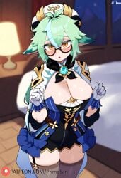 ai_generated animal_ears breasts eyes female genshin_impact green_hair hat jtveemo_(ai_style) primosan standing stockings sucrose_(genshin_impact) yellow